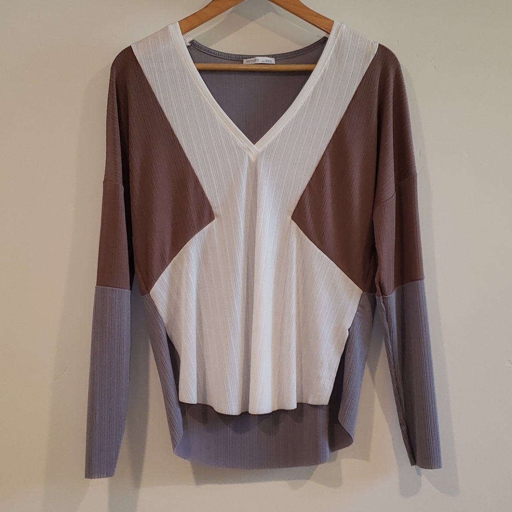 Zara V-Neck Colorblock Blouse - White and Brown